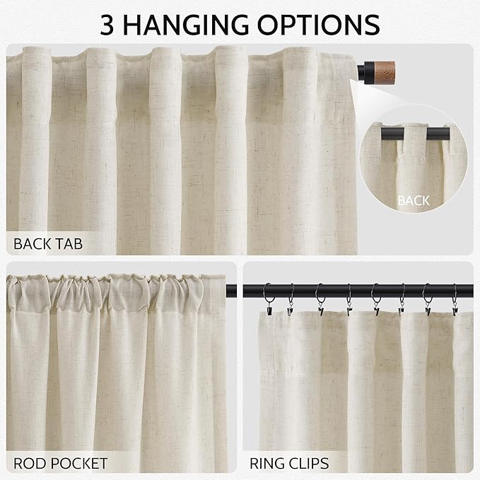 Nanspring Vanilla Extra Long 120 Inch Curtains for Living Room Linen Light Filtering Semi Sheer Curtain Back Tab Modern Farmhouse Decor Floor to Ceiling High Window for Bedroom 52x120, 2 Panels