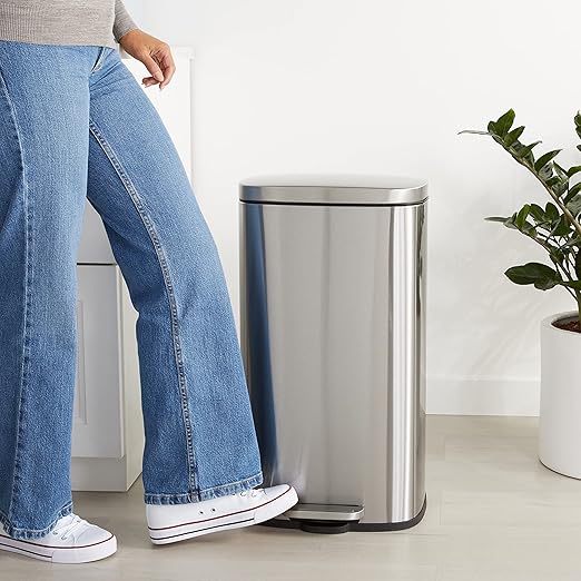 Amazon Basics Smudge Resistant Rectangular Trash Can With Soft-Close Foot Pedal, Brushed Stainless Steel, 30L/7.9 Gal, 13.8x11.8x25 in, Satin Nickel Finish