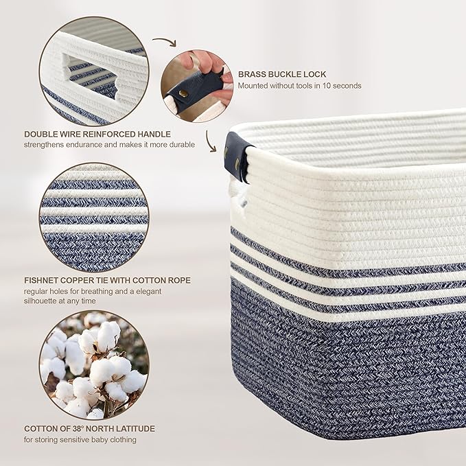 45L Small Laundry Basket with Leather Handles for Living Room Storage, Woven Rope Baskets Bin for Blanket, Kids Toy, Gifts, Wicker Hamper for Bedroom Dirty Clothes, 18"x14"x11" Denim Blue