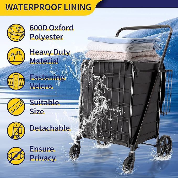 Folding Shopping Cart with Waterproof Liner, Grocery Cart Large Bag with Top Cover, 400 Lb Capacity, Utility Cart with 360° Rolling Swivel Wheels, Extra Large & Extra Basket