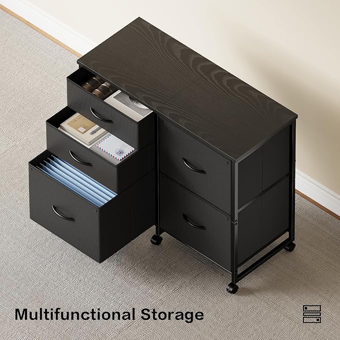 Lateral File Cabinet with 5 Drawers Rolling Filing Cabinets Under Desk Storage Printer Stand with Wheels,Mobile File Cabinet for Home Office,Black