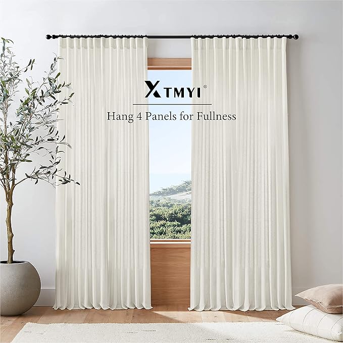XTMYI 78 Inch Long Linen Sheer Curtains,2 Panels Set Back Tab Pleated Boho Light Filtering Semi Sheer Curtains for Sliding Glass Door,Cream Ivory,40x78 in Length