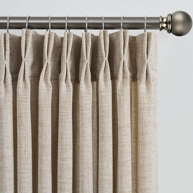 Beige Sheer Pinch Pleated Curtains 100 Inches Long 2 Panels,Back Tab Pleated Drapes Hooks Thick Linen Textured Boho Farmhouse Curtain for Dining Bedroom 70 Inch Wide Each Panel