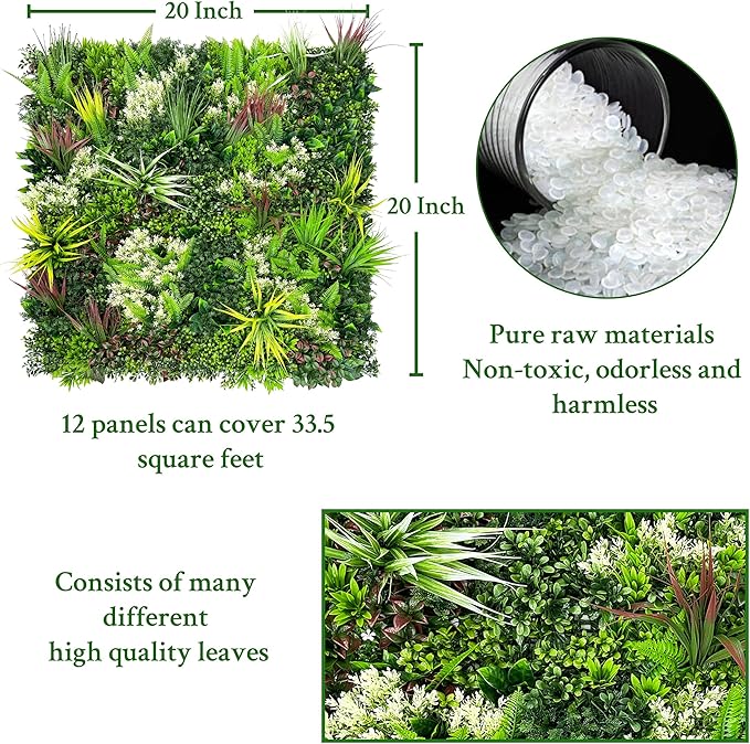 Artificial Plant Wall Panels: 20"×20" 12P UV-Anti Faux Grass Wall Backdrop Boxwood Ivy Fence Privacy Screen Fake Greenery Leaf Hedge for Outdoor,Indoor,Garden,Backyard and Home Decor