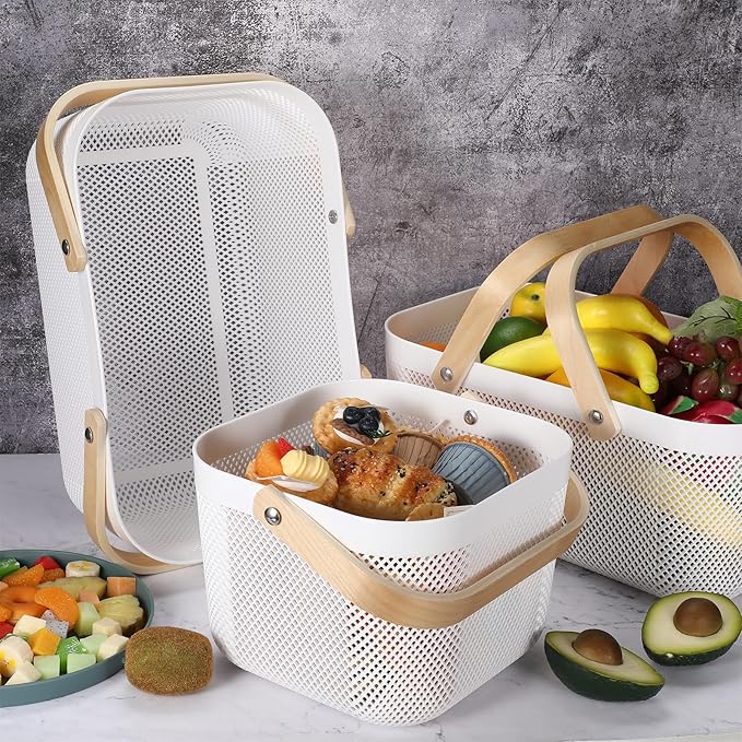 Sadnyy 4 Pcs Plastic Mesh Garden Harvest Basket Storage Basket with Wooden Handle Multi Functional Mesh Bin for Kitchen Cabinet Picnic Fruit Vegetable Gathering Organizer(Large, Small,White)