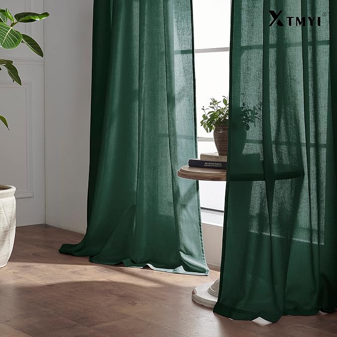 XTMYI Emerald Dark Green Curtains for Living Room 84 Inches Long 2 Panels Set Linen Rod Pocket Back Tab Hooks Pleated Hunter Green Vintage Retro Curtains for Bedroom Decor Dining Room