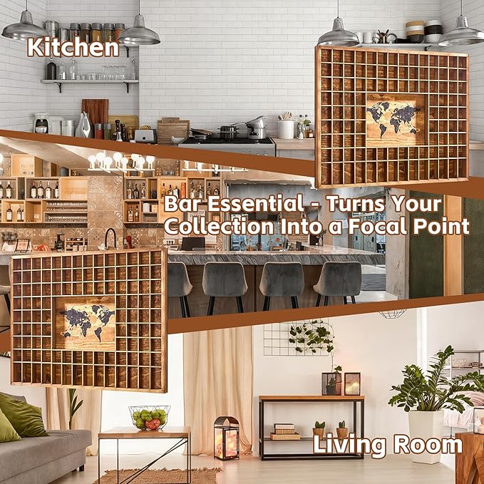 Large World Map Shot Glass Display Case 102 Slots 39.37 X 31.69''Rustic Brown Wood Holder for 2 Different Size Shot Glass in Living Rooms Bars Wine Cellars Used for Jewelry Stones & Shell