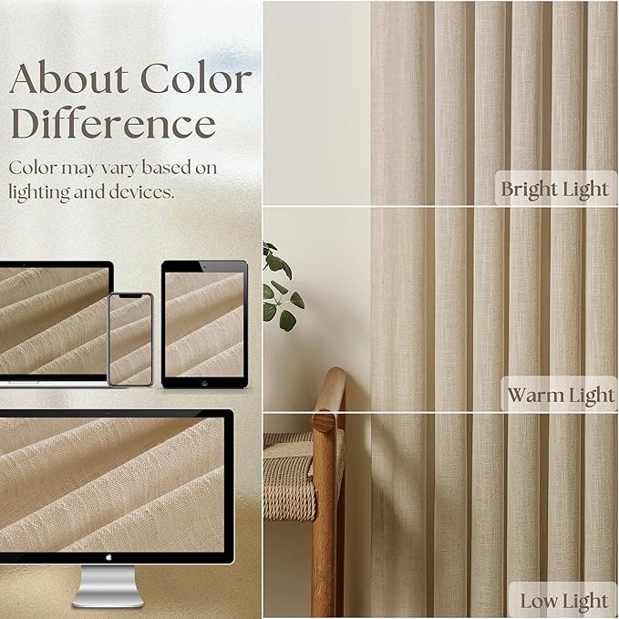 Warm Beige Linen Curtains 102 Inches Long 2 Panels for Living Room Thick Linen Flax Cloth Pinch Pleated Memory Trained Back Tab Light Filtering Semi Sheer Curtain with Hook Rings Sand Cream Neutral
