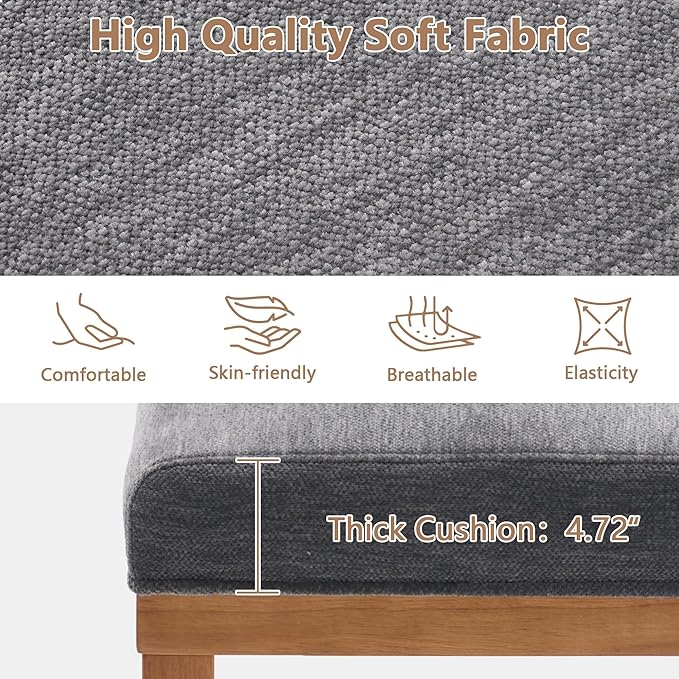 Rowill 53 Inch Long Entryway Bench for Bedroom End of Bed, Dining Room Bench with Upholstered Padded Seat and Solid Wood Leg for Kitchen, Living Room, Indoor and Hallway, Gray