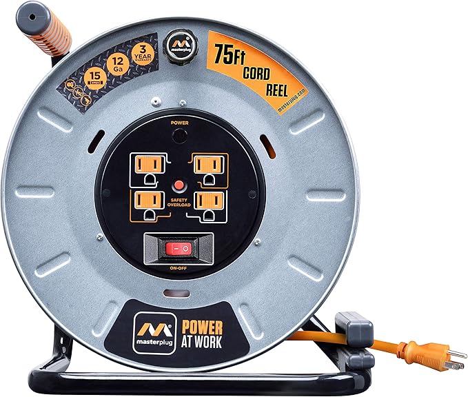 Masterplug Metal Steel Drum with Four Powered Outlets, Open Cord Reel Extension Cord with Winding Handle, Overload Circuit Breaker and Power Switch, 75 Feet 12AWG, High Visibility Cord