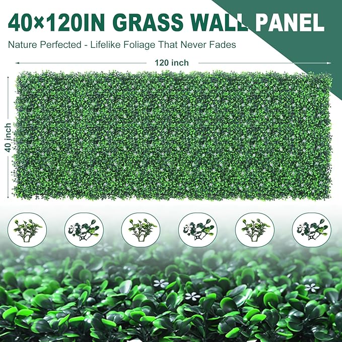 Grass Wall Panels Roll, 40"x120" (33.33 sqft) Artificial Ivy with White Flower, UV-Anti Faux Boxwood Grass Wall Greenery Panels for Garden Patio Balcony Decor