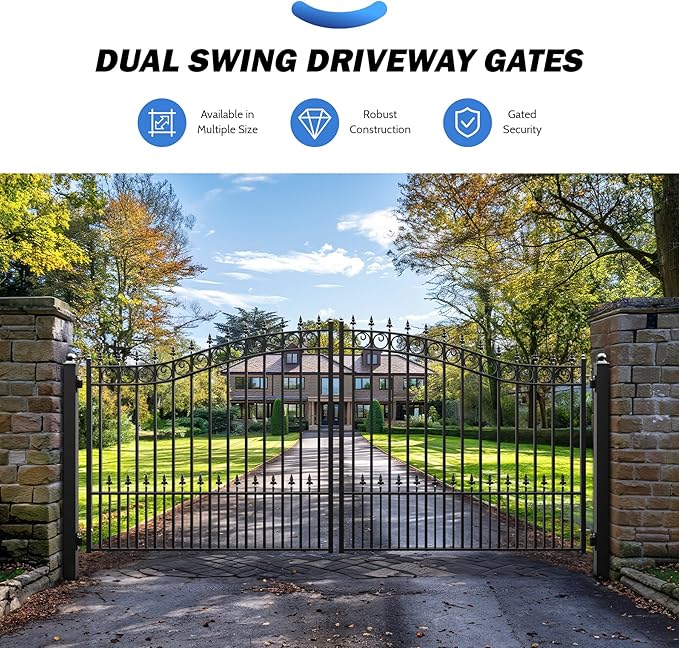 ZUMI Dual Swing Driveway Gates, 14x6 ft. Outdoor Steel Swing Gates for Driveway, Heavy-Duty Driveway Fence Gates for Home Security, Weatherproof Iron Security Gate Kit for Outdoor, Sydney