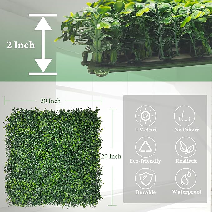 Artificial Boxwood Panels,20"x 20"(12P) 4-Layer Leaf UV-Protected Grass Wall Backdrop Panels for Outdoor, Indoor, Garden&Fence Covering Privacy, Backyard and Decor