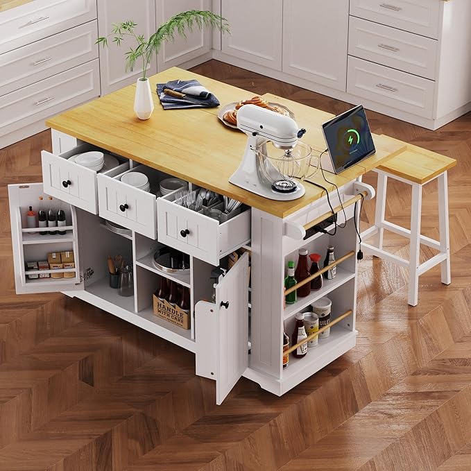 Rolling Kitchen Island with 2 Bar Stools, Drop Leaf & Power Outlet, Large Kitchen Islands Cart on Wheels, Movable Kitchen Island with 5 Open Shelves & Towel Rack for Kitchen, Dining Room, 53″, White
