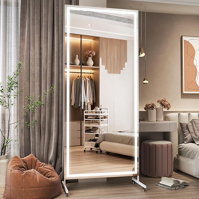 Hasipu Home Gym Mirror with Light 360° Swivel on Wheels, 79" x 32" Extra Large Full Length Rolling LED Mirror for Yoga Studio, Bedroom, Dancing Studio, White