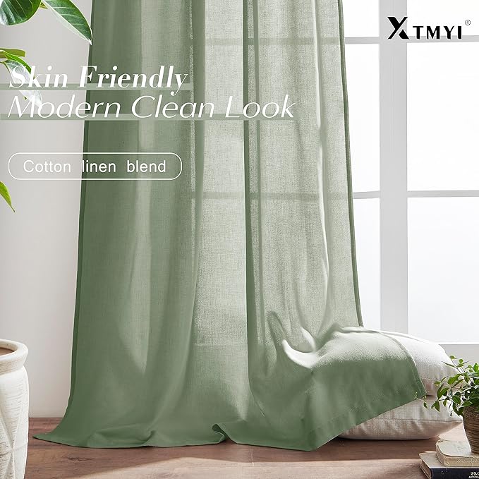 XTMYI Country Curtains for Living Room,Sheer Linen Curtains for Bedroom 90 Inches Long,70 Inches Wide Sage Green