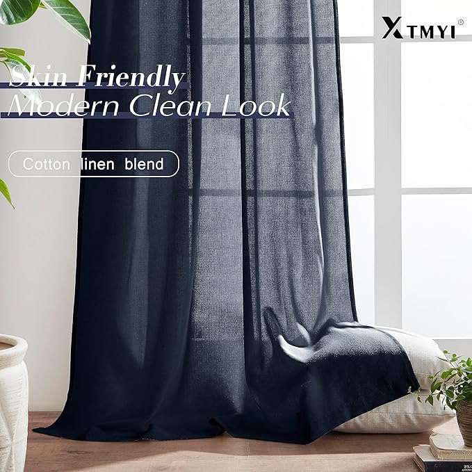 XTMYI Navy Blue Curtains 96 Inches Long,Linen Semi Sheer Gaming Gamer Curtains for Boys Room Men Bedroom Man Cave Office,96in Length 2 Panels Set,Dark Ocean