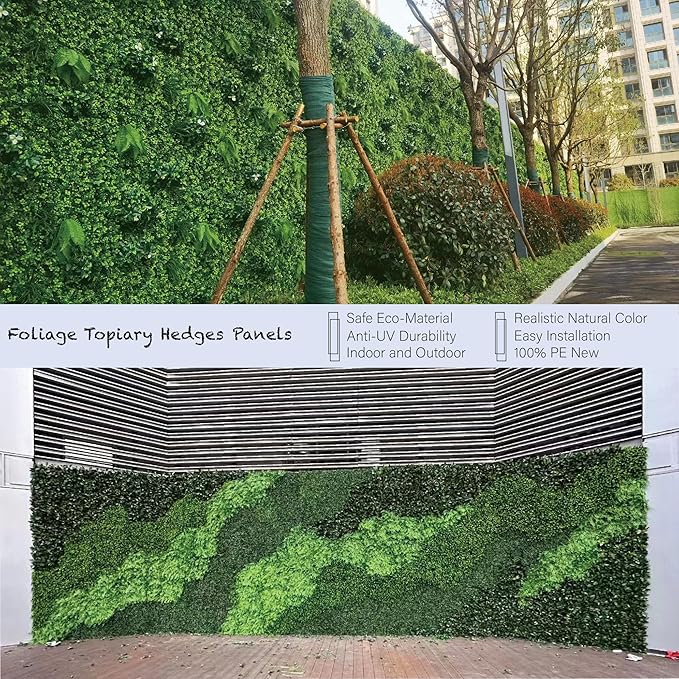 Artificial Topiary Hedge Greenery Plant Panels Indoor and Outdoor Patio Foliage Hedge Faux Grass Wall Panels 6PCS 20”x20”/P for Fence Decoration
