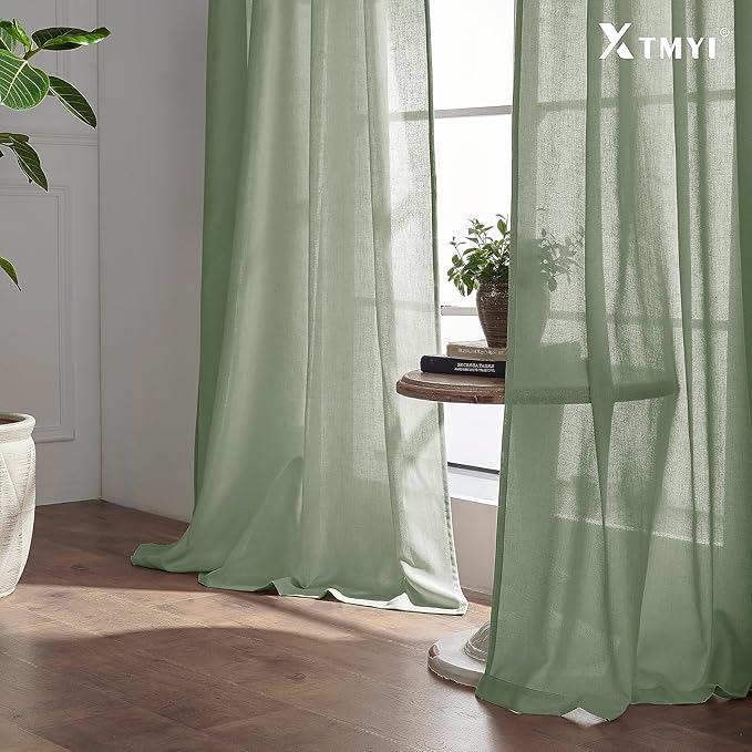 XTMYI 70 Inches Wide Sage Green 96 Inches Long Country Curtains for Living Room,Sheer Linen Curtains for Bedroom
