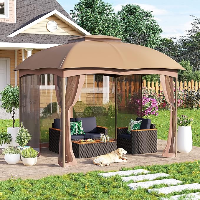 MFSTUDIO 10'x10' Patio Gazebo Tent,Heavy Duty Outdoor Canopy Shelter with Mosquito Netting and Double Roof Tops for Garden Backyard Parties Deck Yard Lawns …
