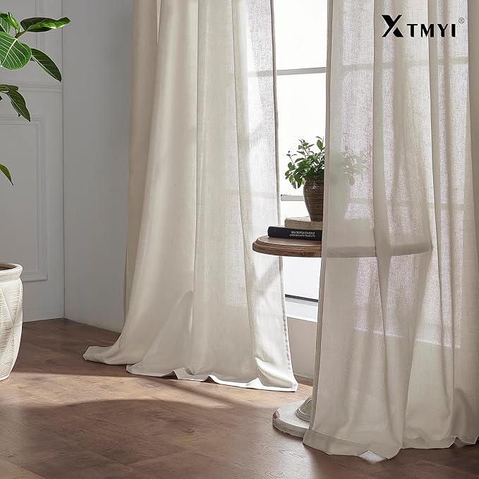 XTMYI Country Curtains for Living Room,Sheer Linen Shabby Chic Curtains for Bedroom 70 Inches Wide 84 Inches Long Oatmeal
