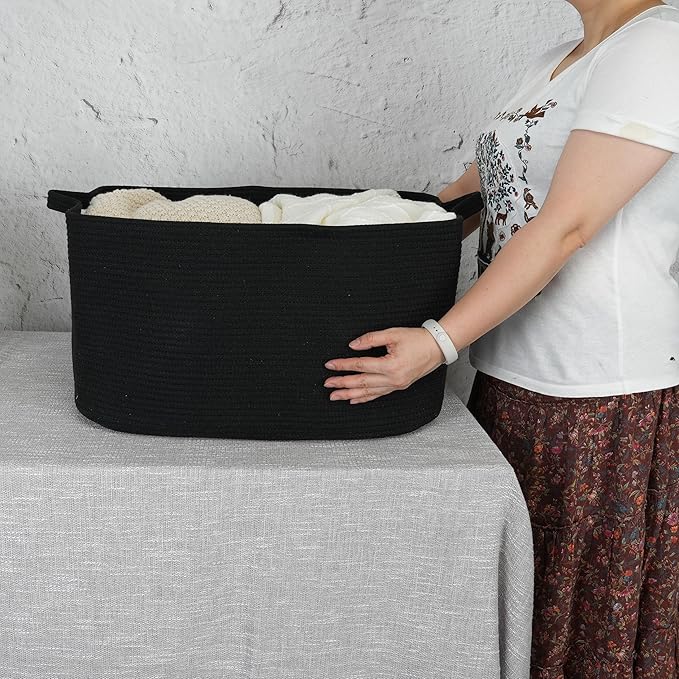 Large Rectangle Blankets Basket Living Room 22"x17"x12" Woven Cotton Rope Storage Baskets for Nursery Toy Baskets for Kids and Dogs Wicker Laundry Basket Bin for Clothes Towels black