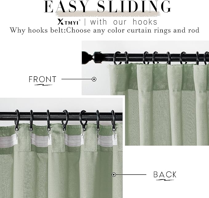 XTMYI 70 Inches Wide Sage Green 96 Inches Long Country Curtains for Living Room,Sheer Linen Curtains for Bedroom