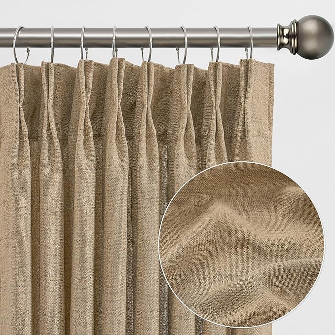 Dark Flax Pinch Pleated Linen Curtains 90 Inches Long Semi Sheer Memory Trained Ripple Fold Curtain with Hooks Back Tab Textured Light Filtering Drapes for Bedroom Living Room 42x90 Set of 2