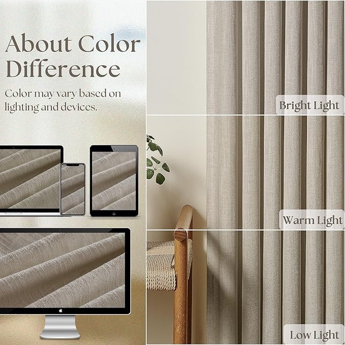 Taupe 60 Inch Wide Curtains 96 Inches Long for Living Room Light Filtering Semi Sheer Modern Farmhouse Pleated Curtain with Hooks Rings for Patio Sliding Door Large Window Burlywood Birch 1 Panel