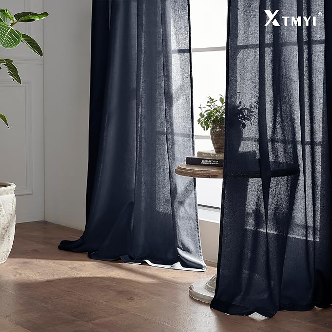 XTMYI Navy Blue Curtains 96 Inches Long,Linen Semi Sheer Gaming Gamer Curtains for Boys Room Men Bedroom Man Cave Office,96in Length 2 Panels Set,Dark Ocean