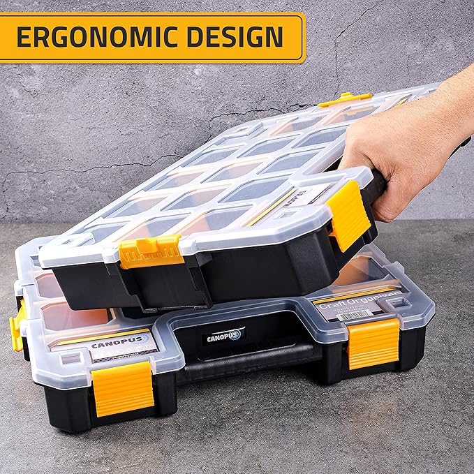 CANOPUS Craft Organizer, Set of 2 Interlocking Cases with Adjustable Compartments, Briefcase-Type Hardware & Parts Organizer, Toolbox Set for Bolts, Nails, Screws, and Other Small Parts
