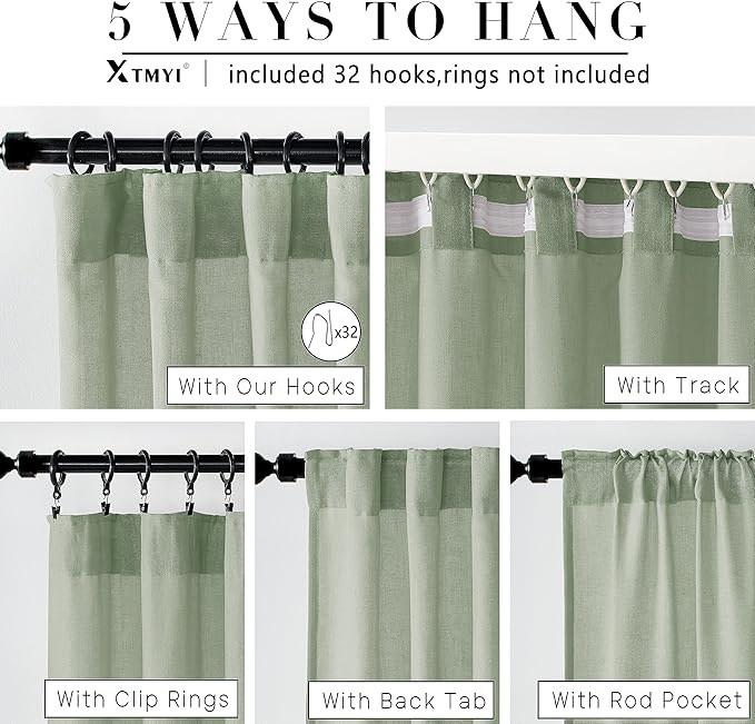 XTMYI 70 Inches Wide Sage Green 96 Inches Long Country Curtains for Living Room,Sheer Linen Curtains for Bedroom