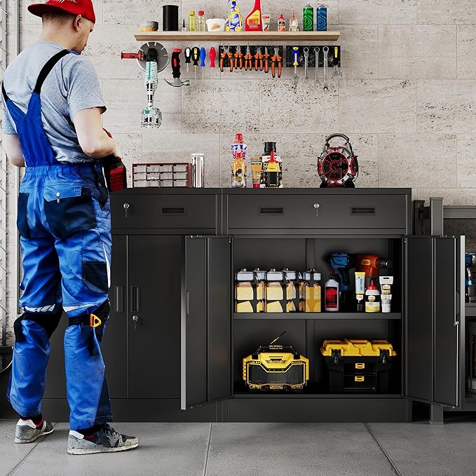 Metal Storage Cabinet, 36 Inch Tall Metal Storage Cabinet with Doors and Shelves, Pantry Cabinets with Drawer for Kitchen Storage, Garage Cabinet for Living, Dining Room, Assemble Required.