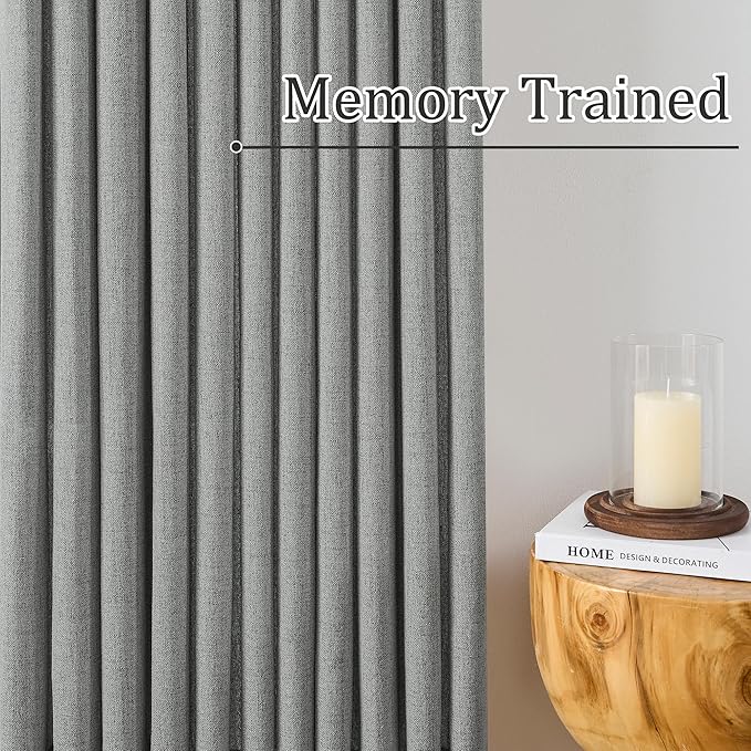 RAIN CITY Grey Linen Curtains 63 Inches Long Pinch Pleated with Hooks 2 Panels, Semi Sheer Textured Light Filtering Window Drapes for Bedroom Back Tab 42x63-in