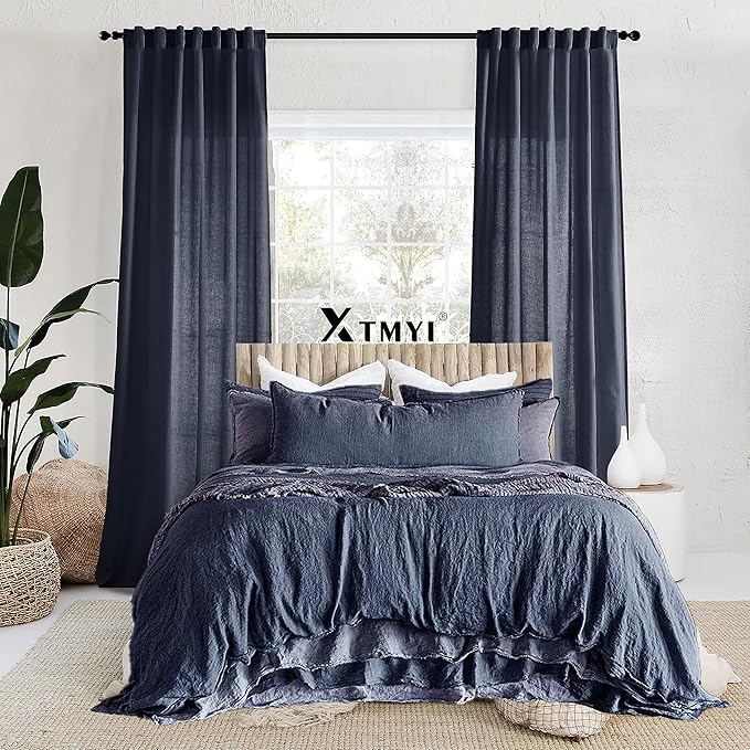 XTMYI Navy Blue Curtains 84 Inch Lengh,Linen Sheer Back Tab Hooks Pleated Light Filtering Dark Blue Kids Curtains for Boys Bedroom Living Room 2 Panel Set,Midnight/Indigo