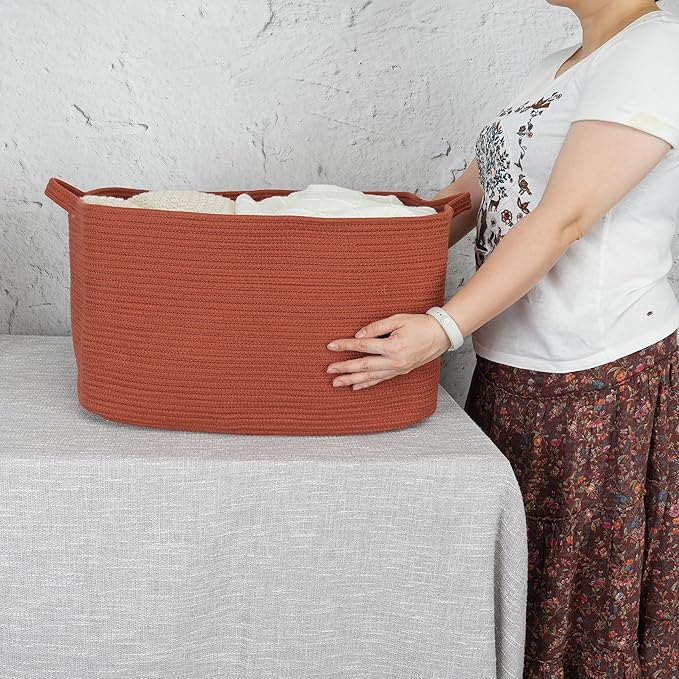 Large Rectangle Blankets Basket Living Room 22"x17"x12" Woven Cotton Rope Storage Baskets for Nursery Toy Baskets for Kids and Dogs Wicker Laundry Basket Bin for Clothes Towels rustic