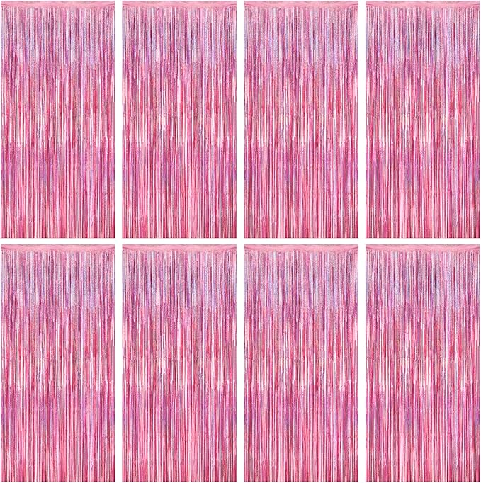8 Pack Pink Backdrop, 3.28 FT x 7.05 FT Fringe Curtains, Metallic Glitter Pink Fringe Party Streamer Foil Curtains Tinsel Backdrop, Pink Decorations Bachelorette Valentines Day Party Supplies