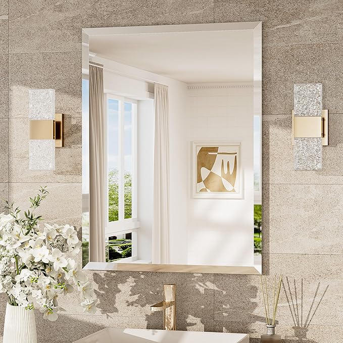 TokeShimi 24x32 Beveled Bathroom Mirror Frameless, Tempered Rectangle Bathroom Vanity Mirror Beveled with 1" Beveled Edge, Shatterproof Farmhouse Wall Mirrored for Living Room, Entryway, Restroom