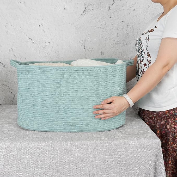 Large Rectangle Blankets Basket Living Room 22"x17"x12" Woven Cotton Rope Storage Baskets for Nursery Toy Baskets for Kids and Dogs Wicker Laundry Basket Bin for Clothes Towels green
