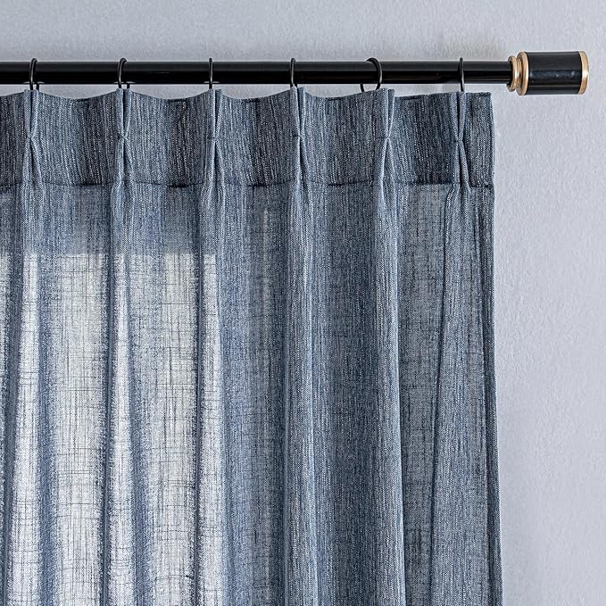 MYSKY HOME Blue Curtains for Bedroom 63 Inches Long Semi Sheer Light Filtering Drapes for Small Window Pinch Pleated Linen Look Window Draperies Set Country Curtains, 40 x 63 in, Dusty Blue, 2 Pieces