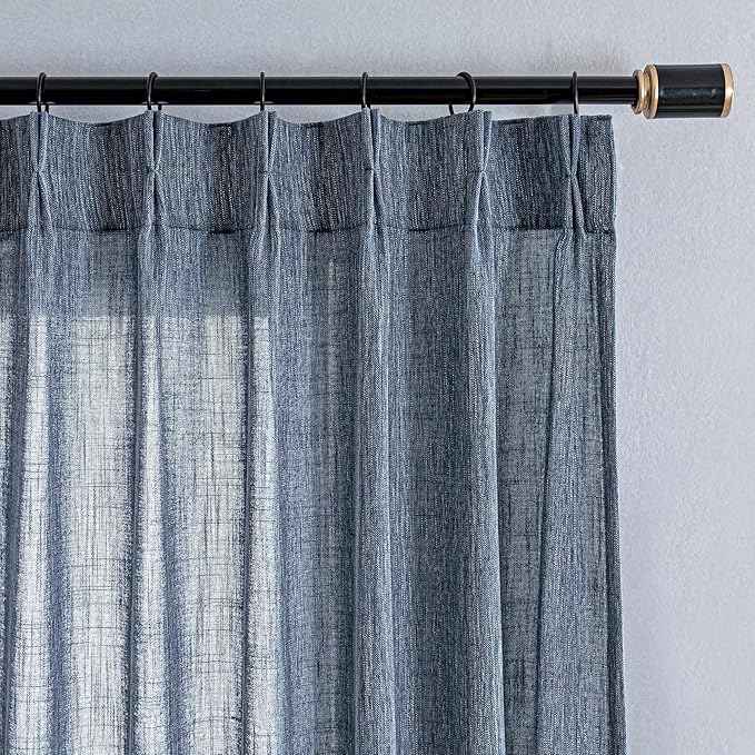 MYSKY HOME Blue Sliding Door Curtains 108 Inches Long, Semi Sheer Soft Cotton Window Draperies Set for Living Room Pinch Pleated Drapes Country Curtains Back Tab, 40 x 108 Inch, Dusty Blue, Set of 2