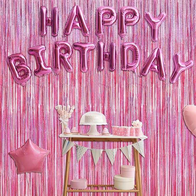 12 Pack Pink Backdrop, 3.28 FT x 7.05 FT Foil Streamers, Metallic Glitter Backdrop Pink Tinsel Fringe Curtains Party Streamers, Pink Birthday Valentines Day Party Decorations Photo Booth Props