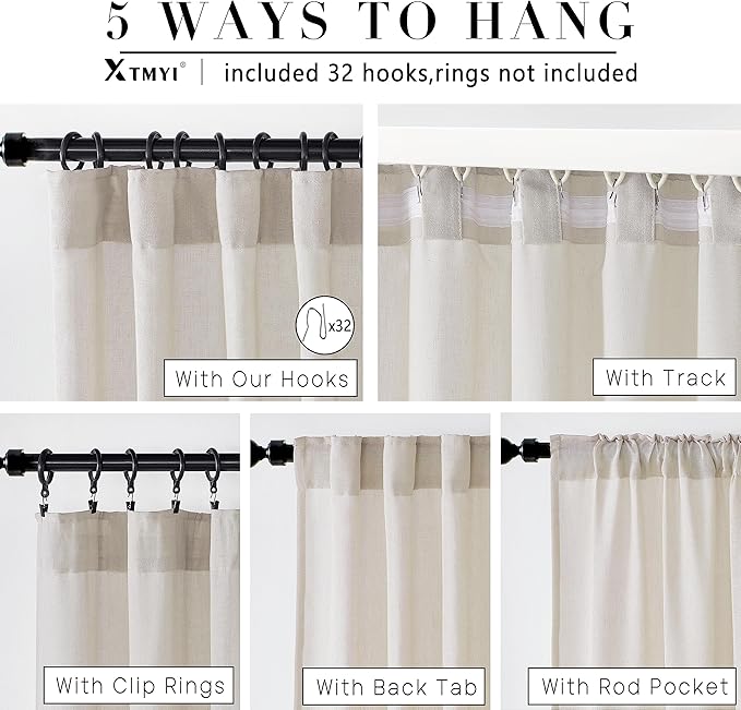 XTMYI Back Tab/Hook Belt Linen Cotton Sheer Curtains for Bedroom 2 Panels,45 Inch Length,Oatmeal Beige