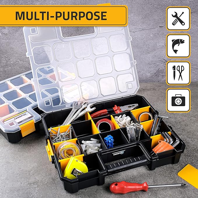 CANOPUS Craft Organizer, Set of 2 Interlocking Cases with Adjustable Compartments, Briefcase-Type Hardware & Parts Organizer, Toolbox Set for Bolts, Nails, Screws, and Other Small Parts