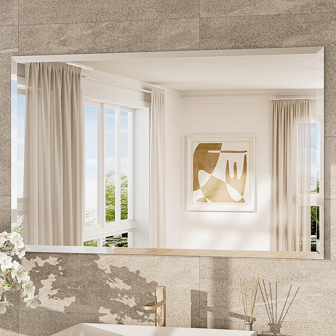 TokeShimi 48x30 Frameless Bathroom Mirror Rectangle, Tempered Beveled Mirror for Bathroom Vanity with 1" Beveled Edge, Shatterproof Modern Wall Mirrored for Living Room, Entryway, Restroom