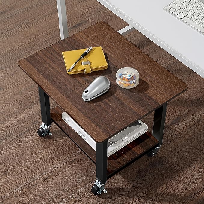 SunnyPoint 2-Tier Under Desk Printer Stand with Storage Shelf and Steel Frame, Industrial Mobile Printer Cart Holder with Lockable Improved Industrial Wheels for Home and Office