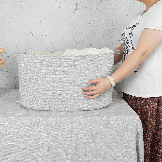 Large Rectangle Blankets Basket Living Room 22"x17"x12" Woven Cotton Rope Storage Baskets for Nursery Toy Baskets for Kids and Dogs Laundry Basket Bin for Clothes Towels grey