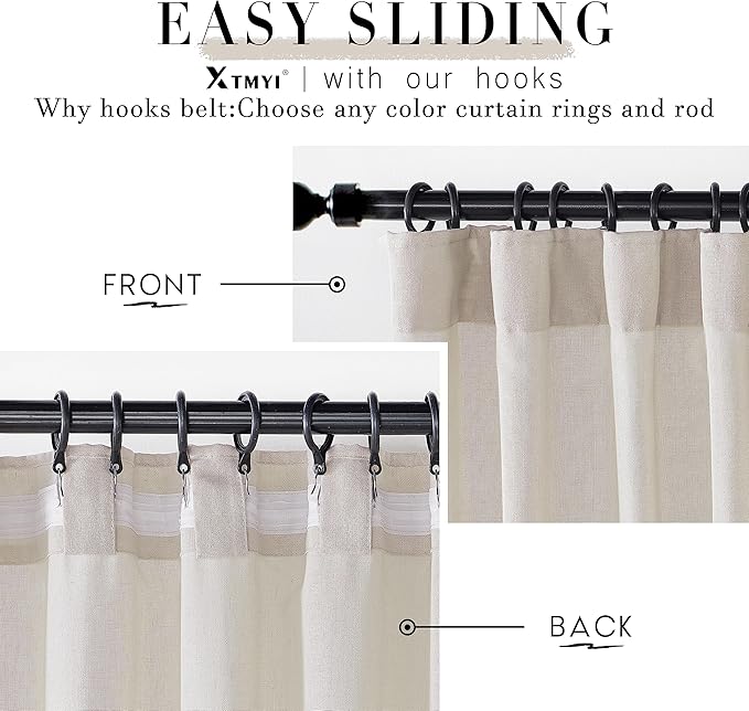 XTMYI Oatmeal Beige Back Tab/Hook Belt Linen Cotton Sheer Curtains 63 Inch Length for Bedroom Living Room