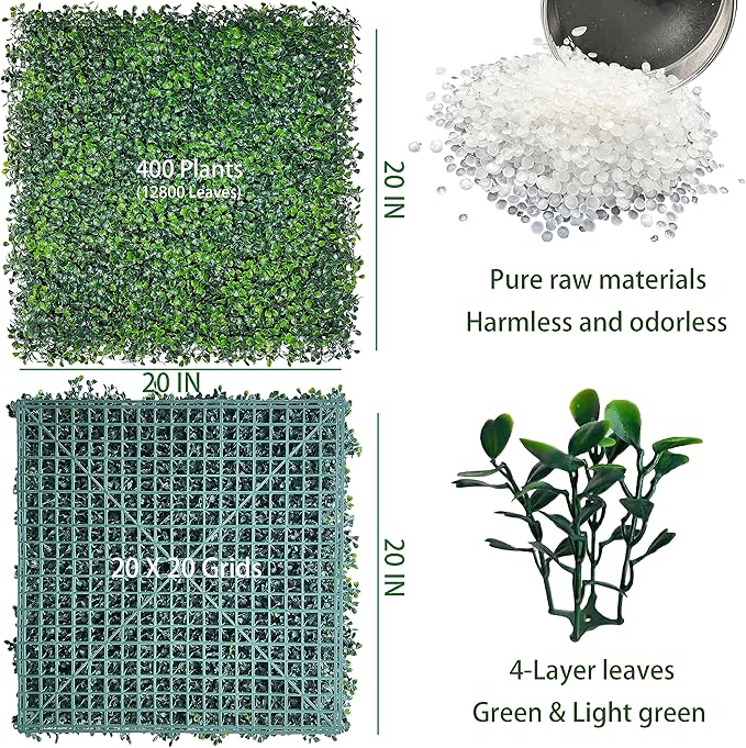 Artificial Grass Wall Backdrop Panels: 20X20 in 24P UV-Anti Greenery Boxwood Panels for Indoor Outdoor Green Wall Decor & Ivy Fence Covering Privacy