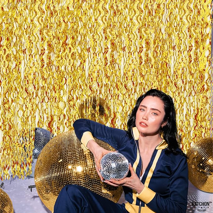 KatchOn, Large Wave Gold Backdrop Curtain - Pack of 2 | Gold Streamer Backdrop for NYE Decor | Golden Fringe Backdrop for New Years Decorations 2026, Golden Birthday Decorations, Bridal Shower